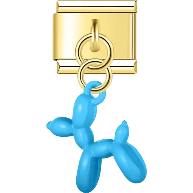 Gold Italian charm dangle with a medium cyan balloon dog figurine hanging from two gold rings.